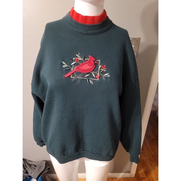 Top Stitch By Morning Sun Petite Green Vintage Sweatshirt Size PM Cardinal Bird - Picture 1 of 8
